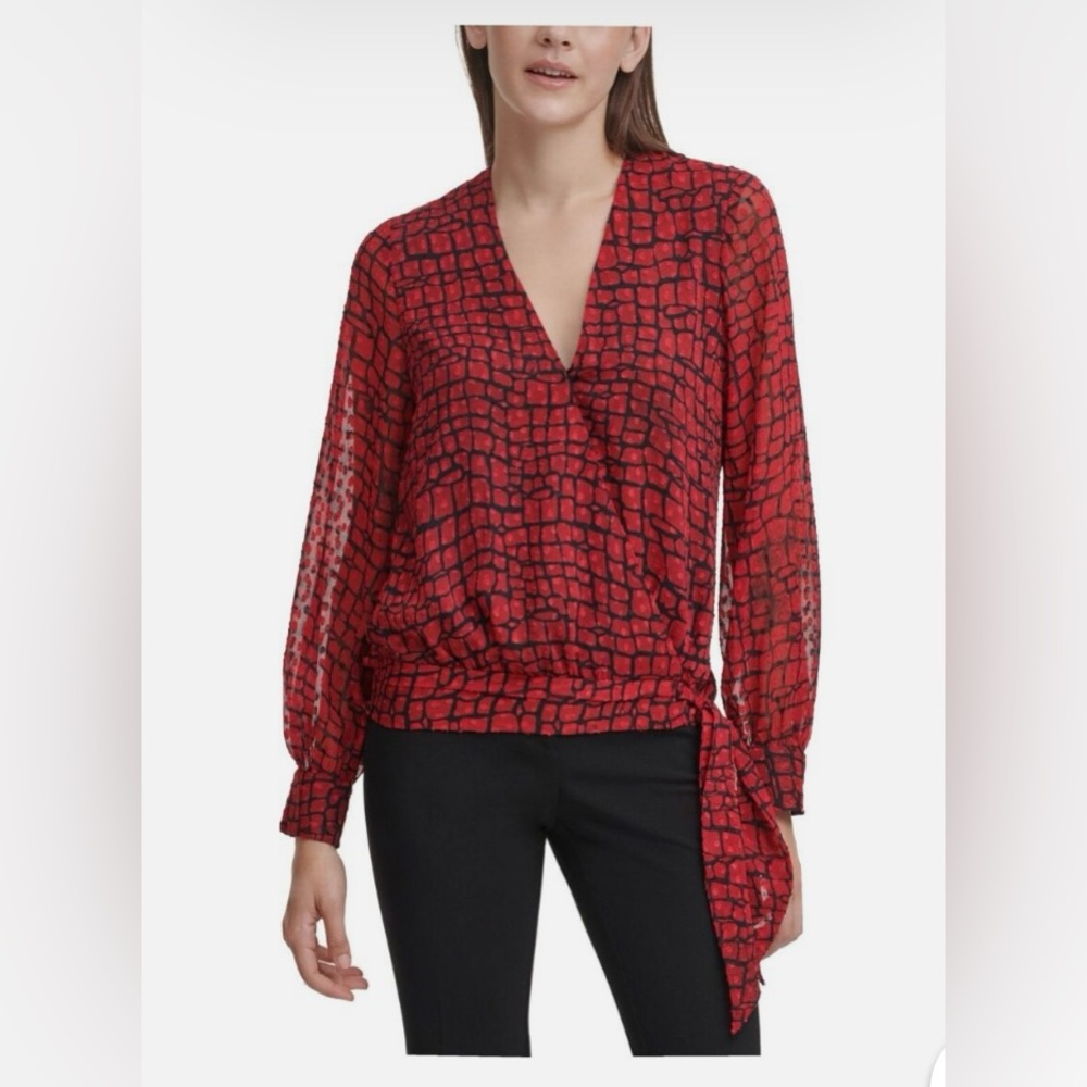 Calvin Klein Faux Wrap Blouse, NWT, Small, Black & Red